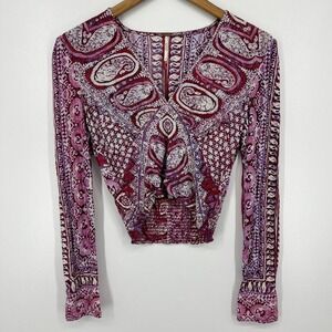 Free People Blouse Women's Size S Purple Long Sleeve V Neck Paisley‎ Wild & Free